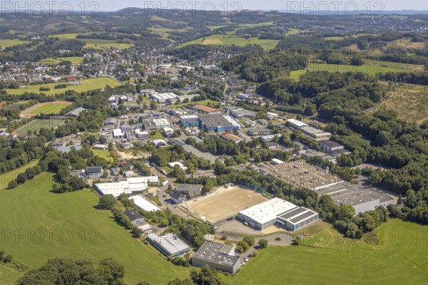 Aerial view, commercial area Waldheimstraße, forest area with forest damage, Höferhof, Kierspe, Sauerland, North Rhine-Westphalia, Germany, tree dieback, DE, Europe, commercial enterprise, commercial area, commercial property, commercial park, commercial site, commercial use, industrial area, industrial site, clear-cutting, calamity areas, aerial photograph, aerial photography, aerial photography, Ruhr area, overview, bird's-eye view, forest, forest damage, forest dieback, birds-eyes view, overview