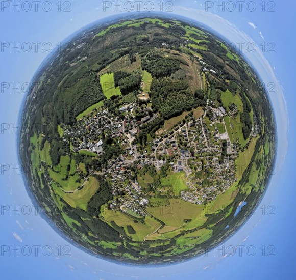 Aerial view, residential area, view of Rönsahl, earth globe, fisheye image, 360 degree image, tiny world, little planet, fisheye image, Rönsahl, Kierspe, Sauerland, North Rhine-Westphalia, Germany, DE, Europe, property tax, real estate, aerial view, aerial photography, aerial photography, Ruhr area, overview, bird's eye view, residential area, living and living, residential area, residential quality, residential neighbourhood, housing estate, residential area, birds-eyes view, overview