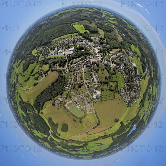 Aerial view, residential area, view of Rönsahl, earth globe, fisheye image, 360 degree image, tiny world, little planet, fisheye image, Rönsahl, Kierspe, Sauerland, North Rhine-Westphalia, Germany, DE, Europe, property tax, real estate, aerial view, aerial photography, aerial photography, Ruhr area, overview, bird's eye view, residential area, living and living, residential area, residential quality, residential neighbourhood, housing estate, residential area, birds-eyes view, overview