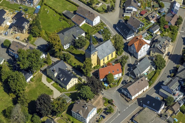 Aerial view, Protestant Church of St Servatius, Rönsahl, Kierspe, Sauerland, North Rhine-Westphalia, Germany, place of worship, DE, Europe, religious community, place of worship, holy place, church, parish, denomination, aerial view, aerial photography, aerial photography, religion, religious site, Ruhr area, overview, bird's-eye view, birds-eyes view, overview