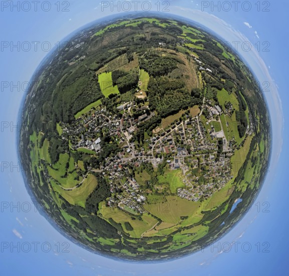Aerial view, residential area, view of Rönsahl, earth globe, fisheye image, 360 degree image, tiny world, little planet, fisheye image, Rönsahl, Kierspe, Sauerland, North Rhine-Westphalia, Germany, DE, Europe, property tax, real estate, aerial view, aerial photography, aerial photography, Ruhr area, overview, bird's eye view, residential area, living and living, residential area, residential quality, residential neighbourhood, housing estate, residential area, birds-eyes view, overview