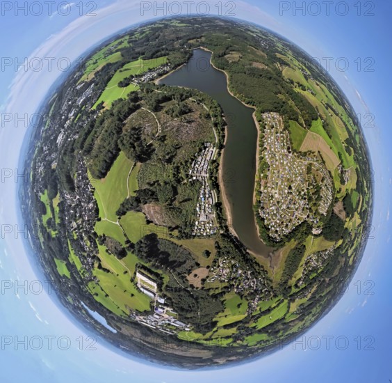 Aerial view, Lingesetalsperre, Lambacher Höhe Campingplatz and Campingplatz Marienheide zum Wiesengrund, earth globe, fisheye image, 360 degree image, tiny world, little planet, fisheye image, Griemeringhausen, Marienheide, Sauerland, North Rhine-Westphalia, Germany, DE, Europe, Kierspe, aerial view, aerial photography, aerial photography, Ruhr area, overview, bird's eye view, bird's eye view, overview