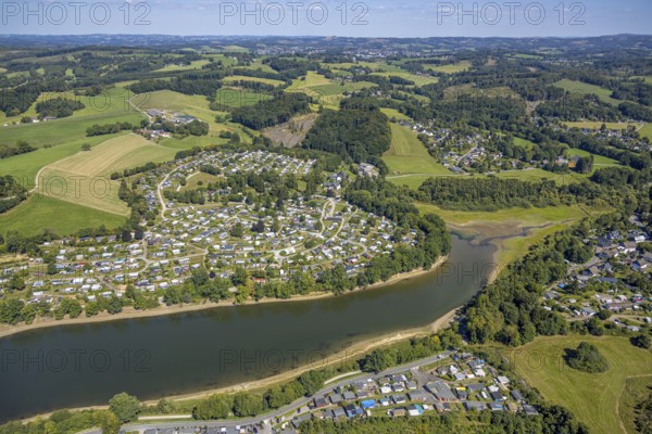 Aerial view, Lambacher Höhe campsite and mobile home site at the Lingesetalsperre, Linge, Marienheide, Sauerland, North Rhine-Westphalia, Germany, camping, camping site, campsite, DE, Europe, leisure, hobby, Kierspe, aerial view, aerial photography, aerial photography, Ruhr area, reservoir, overview, bird's eye view, forest area, birds-eyes view, overview