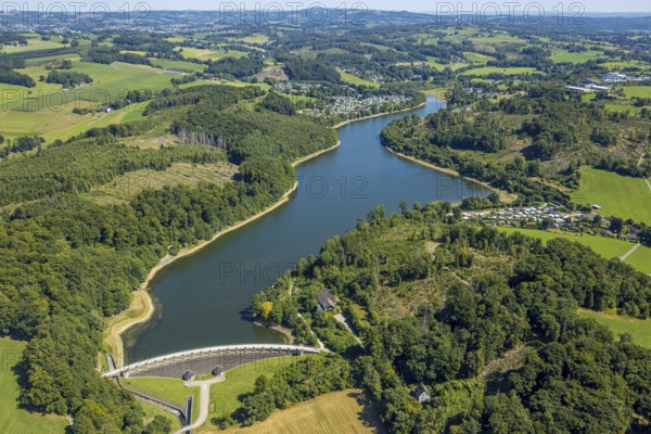 Aerial view, Lingesetalsperre with dam wall, Schmitzwipper, Marienheide, Sauerland, North Rhine-Westphalia, Germany, DE, Europe, Kierspe, aerial view, aerial photography, aerial photography, Ruhr area, reservoir, overview, bird's eye view, forest area, birds-eyes view, overview