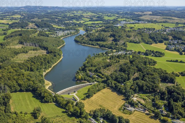 Aerial view, Lingesetalsperre with dam wall, Schmitzwipper, Marienheide, Sauerland, North Rhine-Westphalia, Germany, DE, Europe, Kierspe, aerial view, aerial photography, aerial photography, Ruhr area, reservoir, overview, bird's eye view, forest area, birds-eyes view, overview