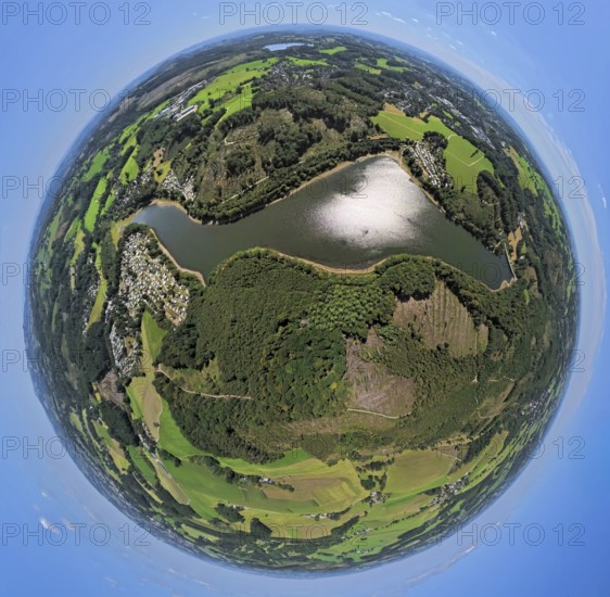 Aerial photograph, Lingesetalsperre and forest area with forest damage, Lingese campsite, Lambacher Höhe campsite and Marienheide campsite to Wiesengrund, earth globe, fisheye image, fisheye image, 360 degree image, tiny world, little planet, fisheye image, Griemeringhausen, Marienheide, Sauerland, North Rhine-Westphalia, Germany, tree death, camping, camping site, campsite, DE, Europe, leisure, hobby, clear-cutting, calamity areas, Kierspe, aerial view, aerial photography, aerial photography, Ruhr area, overview, bird's-eye view, forest, forest damage, forest dieback, birds-eyes view, overview