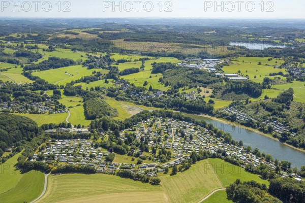 Aerial view, Lambacher Höhe campsite and mobile home site at the Lingesetalsperre, Linge, Marienheide, Sauerland, North Rhine-Westphalia, Germany, camping, camping site, campsite, DE, Europe, leisure, hobby, Kierspe, aerial view, aerial photography, aerial photography, Ruhr area, reservoir, overview, bird's eye view, forest area, birds-eyes view, overview