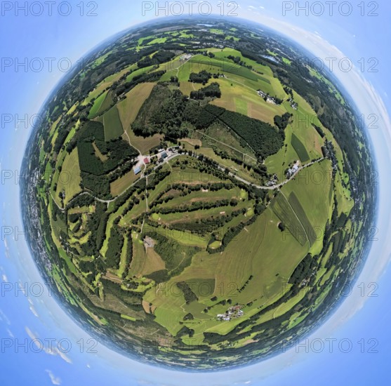 Aerial photo, Golfwiese und Golfclub Varmert e.V., earth globe, fisheye image, 360 degree image, tiny world, little planet, fisheye image, Elbringhausen, Kierspe, Sauerland, North Rhine-Westphalia, Germany, DE, Europe, golf, golf course, golf meadow, aerial photo, aerial photography, aerial photography, Ruhr area, sports, overview, bird's eye view, birds-eyes view, overview