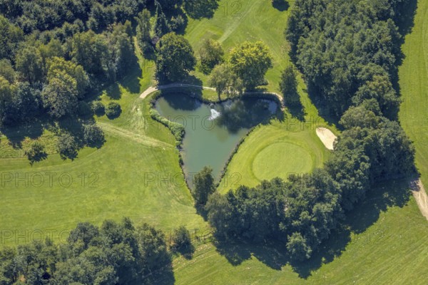 Aerial photo, golf meadow Golfclub Varmert e.V., heart-shaped pond, Elbringhausen, Kierspe, Sauerland, North Rhine-Westphalia, Germany, DE, Europe, golf, golf course, golf club, golf meadow, aerial photo, aerial photography, aerial photography, Ruhr area, sand bunker, sport, overview, bird's-eye view, overview