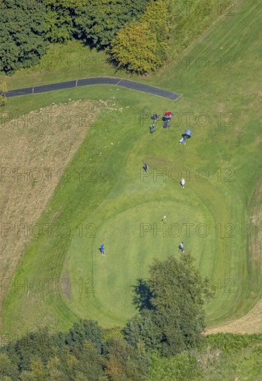 Aerial photo, golf meadow Golfclub Varmert e.V., golfer on the meadow at the hole, Elbringhausen, Kierspe, Sauerland, North Rhine-Westphalia, Germany, DE, Europe, golf, golf course, golf club, golf meadow, aerial photo, aerial photography, aerial photography, Ruhr area, sport, overview, bird's-eye view, overview