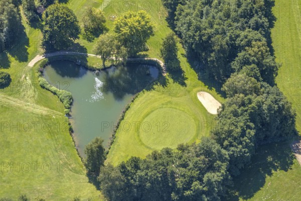 Aerial photo, golf meadow Golfclub Varmert e.V., heart-shaped pond, Elbringhausen, Kierspe, Sauerland, North Rhine-Westphalia, Germany, DE, Europe, golf, golf course, golf club, golf meadow, aerial photo, aerial photography, aerial photography, Ruhr area, sand bunker, sport, overview, bird's-eye view, overview