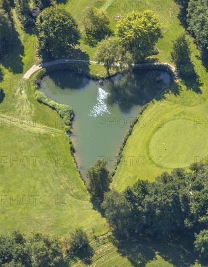 Aerial photo, golf meadow Golfclub Varmert e.V., heart-shaped pond, Elbringhausen, Kierspe, Sauerland, North Rhine-Westphalia, Germany, DE, Europe, golf, golf course, golf club, golf meadow, aerial photo, aerial photography, aerial photography, Ruhr area, sand bunker, sport, overview, bird's-eye view, overview