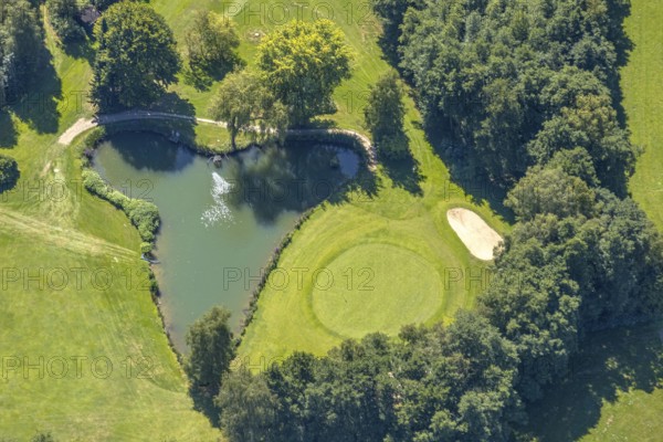 Aerial photo, golf meadow Golfclub Varmert e.V., heart-shaped pond, Elbringhausen, Kierspe, Sauerland, North Rhine-Westphalia, Germany, DE, Europe, golf, golf course, golf club, golf meadow, aerial photo, aerial photography, aerial photography, Ruhr area, sand bunker, sport, overview, bird's-eye view, overview