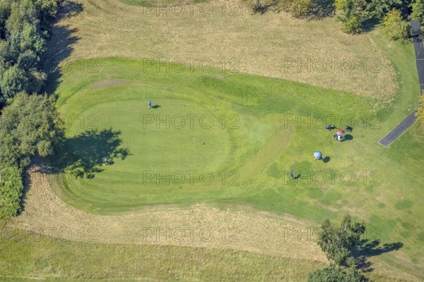 Aerial photo, golf meadow Golfclub Varmert e.V., golfer on the meadow at the hole, Elbringhausen, Kierspe, Sauerland, North Rhine-Westphalia, Germany, DE, Europe, golf, golf course, golf club, golf meadow, aerial photo, aerial photography, aerial photography, Ruhr area, sand bunker, sport, overview, bird's eye view, birds-eyes view, overview