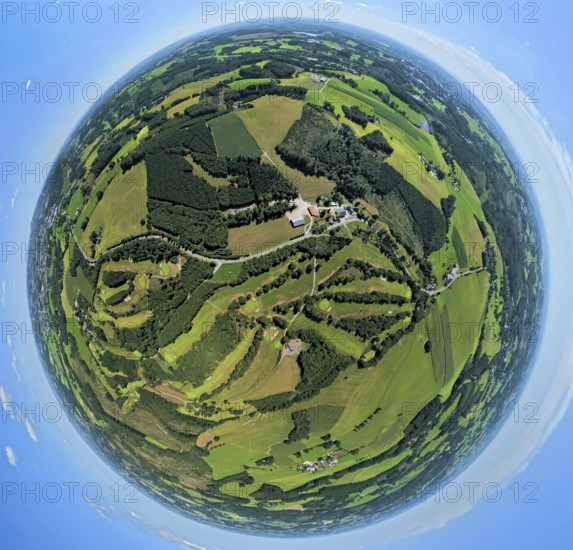 Aerial photo, Golfwiese und Golfclub Varmert e.V., earth globe, fisheye image, 360 degree image, tiny world, little planet, fisheye image, Elbringhausen, Kierspe, Sauerland, North Rhine-Westphalia, Germany, DE, Europe, golf, golf course, golf meadow, aerial photo, aerial photography, aerial photography, Ruhr area, sports, overview, bird's eye view, birds-eyes view, overview