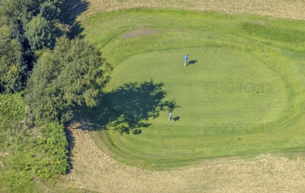 Aerial photo, golf meadow Golfclub Varmert e.V., golfer on the meadow at the hole, Elbringhausen, Kierspe, Sauerland, North Rhine-Westphalia, Germany, DE, Europe, golf, golf course, golf club, golf meadow, aerial photo, aerial photography, aerial photography, Ruhr area, sand bunker, sport, overview, bird's eye view, birds-eyes view, overview