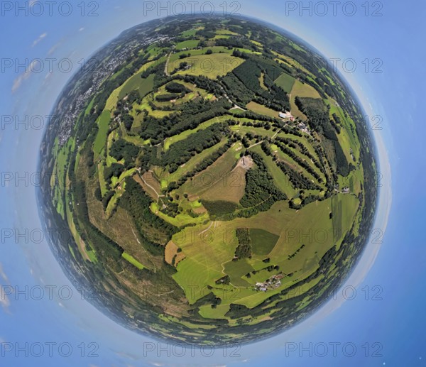 Aerial photo, Golfwiese und Golfclub Varmert e.V., earth globe, fisheye image, 360 degree image, tiny world, little planet, fisheye image, Elbringhausen, Kierspe, Sauerland, North Rhine-Westphalia, Germany, DE, Europe, golf, golf course, golf meadow, aerial photo, aerial photography, aerial photography, Ruhr area, sports, overview, bird's eye view, birds-eyes view, overview