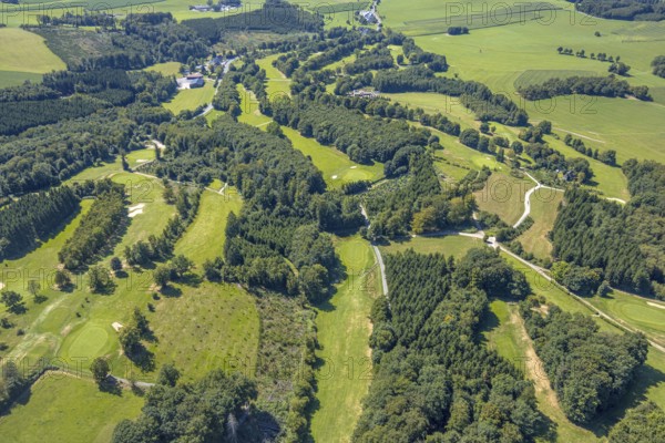 Aerial view, golf meadow Golfclub Varmert e.V. with sand bunker, Elbringhausen, Kierspe, Sauerland, North Rhine-Westphalia, Germany, DE, Europe, golf, golf course, golf club, golf meadow, aerial photograph, aerial photography, aerial photography, Ruhr area, sand bunker, sport, overview, bird's-eye view, overview