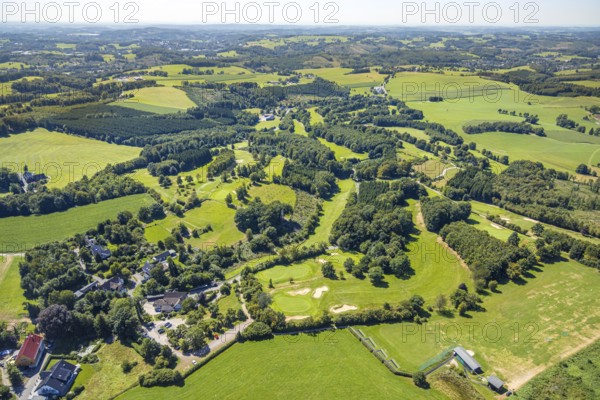 Aerial view, golf meadow Golfclub Varmert e.V. with sand bunker, Elbringhausen, Kierspe, Sauerland, North Rhine-Westphalia, Germany, DE, Europe, golf, golf course, golf club, golf meadow, aerial photograph, aerial photography, aerial photography, Ruhr area, sand bunker, sport, overview, bird's-eye view, overview