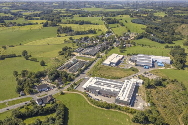 Aerial view, commercial area at Funkenhof, with CAWi Kunststofftechnik GmbH and solar panels on the roof, Höferhof, Kierspe, Sauerland, North Rhine-Westphalia, Germany, DE, Europe, commercial enterprise, commercial space, commercial area, commercial property, commercial park, commercial location, commercial use, industrial area, industrial location, aerial view, aerial photography, aerial photography, Ruhr area, overview, bird's eye view, birds-eyes view, overview