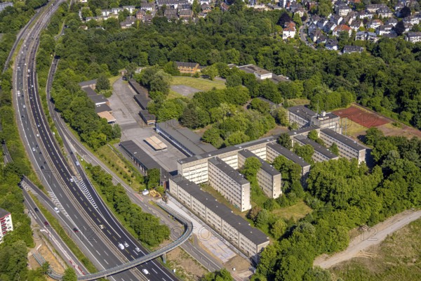 Aerial view, former police school Norbertstraße at the corner of Lührmannstraße on the A52 motorway, Essen-Bredeney, Essen, Ruhr area, North Rhine-Westphalia, Germany