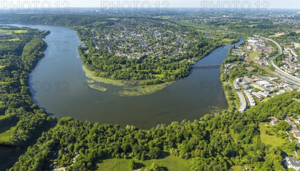 Aerial view, Ruhrschleife Heisinger Bogen bird sanctuary, view of Heisingen, Essen, Ruhr area, North Rhine-Westphalia, Germany