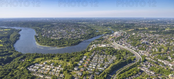 Aerial view, district Kupferdreh, Ruhrschleife Heisinger Bogen bird sanctuary, view of Heisingen, Essen, Ruhr area, North Rhine-Westphalia, Germany