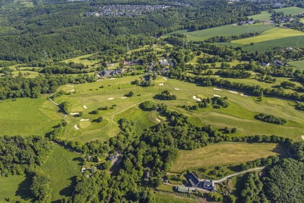 Aerial view, Golf course Golfclub Essen-Heidhausen, forest area Langenhorster Wald, meadows and fields with distant view, Heidhausen, Essen, Ruhr area, North Rhine-Westphalia, Germany