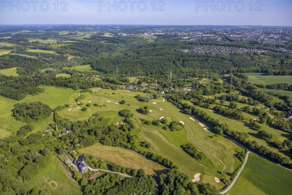 Aerial view, Golf course Golfclub Essen-Heidhausen, forest area Langenhorster Wald, meadows and fields with distant view, Heidhausen, Essen, Ruhr area, North Rhine-Westphalia, Germany