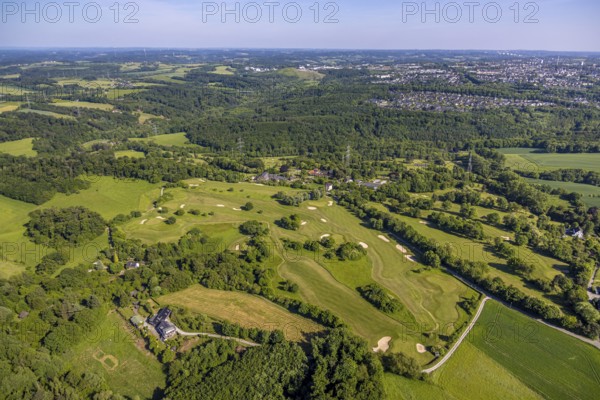 Aerial view, Golf course Golfclub Essen-Heidhausen, forest area Langenhorster Wald, meadows and fields with distant view, Heidhausen, Essen, Ruhr area, North Rhine-Westphalia, Germany