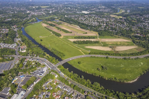 Aerial view, waterworks Wassergewinnung Essen GmbH on the river Ruhr, Konrad-Adenauer-Brücke, Überruh-Hinsel, Essen, Ruhr area, North Rhine-Westphalia, Germany