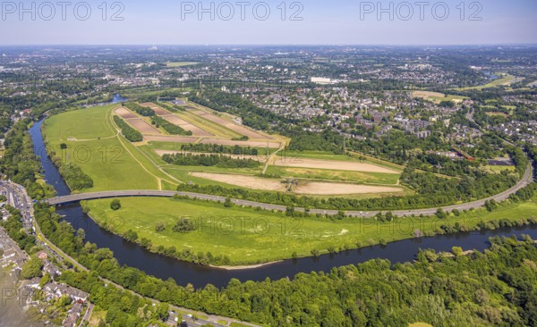 Aerial view, waterworks Wassergewinnung Essen GmbH on the river Ruhr, Konrad-Adenauer-Brücke, Überruh-Hinsel, Essen, Ruhr area, North Rhine-Westphalia, Germany