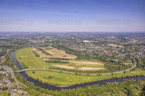 Aerial view, waterworks Wassergewinnung Essen GmbH on the river Ruhr, Konrad-Adenauer-Brücke, Überruh-Hinsel, Essen, Ruhr area, North Rhine-Westphalia, Germany