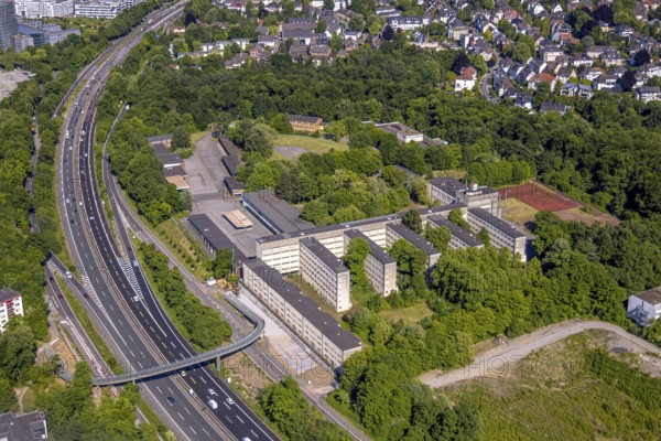 Aerial view, former police school Norbertstraße at the corner of Lührmannstraße on the A52 motorway, Essen-Bredeney, Essen, Ruhr area, North Rhine-Westphalia, Germany