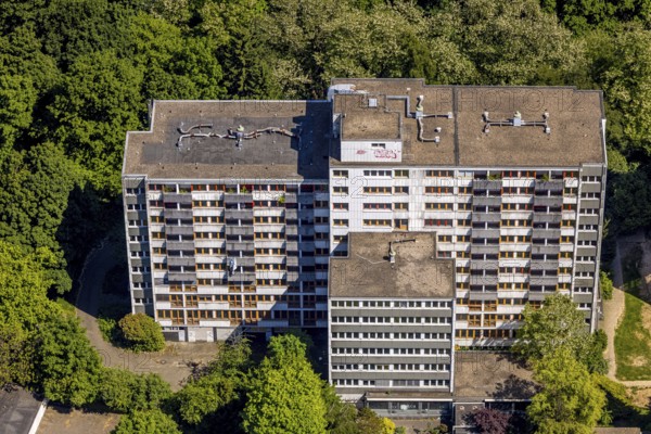 Aerial view, lost place, vacant high-rise building Minnesängerstraße, former retirement home, Freisenbruch, Essen, Ruhr area, North Rhine-Westphalia, Germany