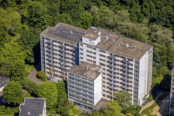 Aerial view, lost place, vacant high-rise building Minnesängerstraße, former retirement home, Freisenbruch, Essen, Ruhr area, North Rhine-Westphalia, Germany