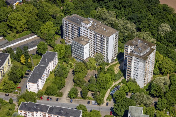 Aerial view, lost place, vacant high-rise building Minnesängerstraße, former retirement home, Freisenbruch, Essen, Ruhr area, North Rhine-Westphalia, Germany