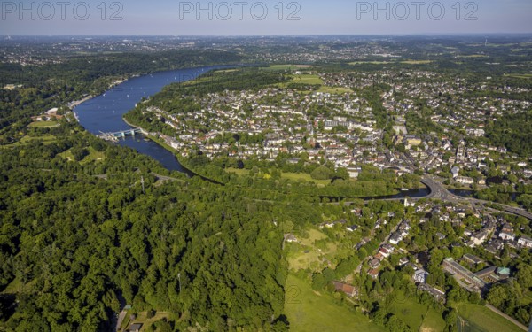 Aerial view, Baleneysee and Brehminsel, Lake Baldeney weir with river Ruhr and view of Werden, Werden, Essen, Ruhr area, North Rhine-Westphalia, Germany