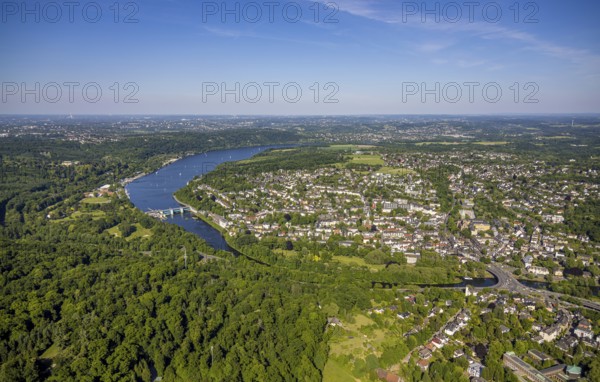 Aerial view, Baleneysee and Brehminsel, Lake Baldeney weir with river Ruhr and view of Werden, Werden, Essen, Ruhr area, North Rhine-Westphalia, Germany