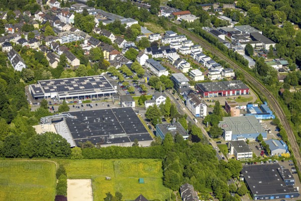 Aerial view, Medienhaus Ruhr GmbH and BOB Automobile - Renault - Essen, new residential area between Ruhrtalstraße and railway line, Werden, Essen, Ruhr area, North Rhine-Westphalia, Germany