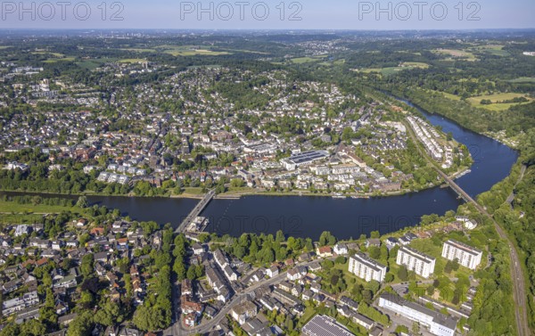 Aerial view, residential area, district Kettwig at the river Ruhr, Ruhr bridge Kettwig with lock and railway bridge Kettwig, Kettwig, Essen, Ruhr area, North Rhine-Westphalia, Germany