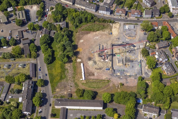 Aerial view, construction site and construction crane for residential complex Quartier der Generationen, former sports ground Tus 8410 Essen e.V. Germaniastraße, Bochold, Essen, Ruhr area, North Rhine-Westphalia, Germany