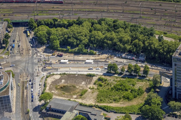Aerial view, intersection with construction site Hollestraße and Steeler Straße, Ostviertel, Essen, Ruhr area, North Rhine-Westphalia, Germany
