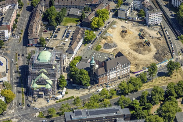 Aerial view, Old Synagogue Essen renovation with scaffolding, Edmund-Körner-Platz, construction site administration campus Steeler Tor, city centre, Essen, Ruhr area, North Rhine-Westphalia, Germany
