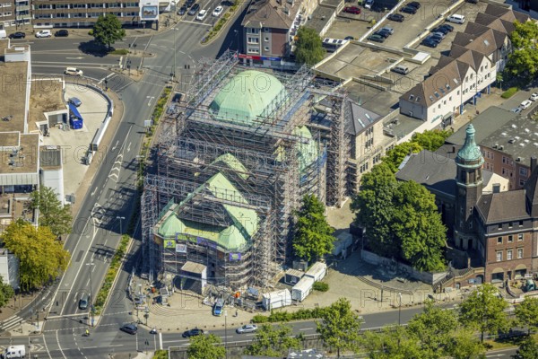 Aerial view, Old Synagogue Essen renovation with scaffolding, Edmund-Körner-Platz, city centre, Essen, Ruhr area, North Rhine-Westphalia, Germany
