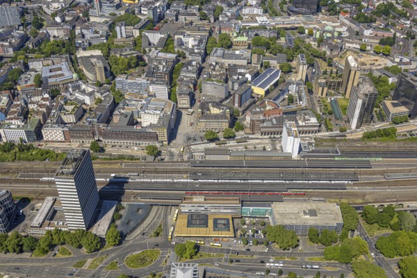Aerial view, central station and city centre with construction site of former Kaufhof building at Willy-Brandt-Platz, Rathausstraße, Postbank tower block, Südviertel, Essen, Ruhr area, North Rhine-Westphalia, Germany