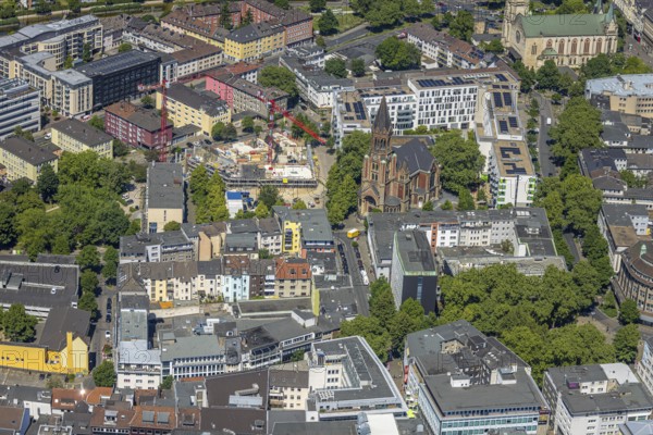 Aerial view, Evangelical Church of the Holy Cross, construction site and redesign of Weberplatz, city centre, Essen, Ruhr area, North Rhine-Westphalia, Germany