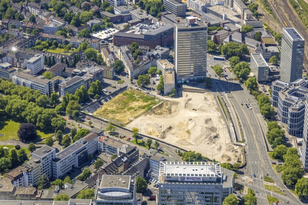 Aerial view, Campus Essen. Construction site, Kölbl Kruse construction site near Freiheit, Innogy tower block, Südviertel, Essen, Ruhr area, North Rhine-Westphalia, Germany