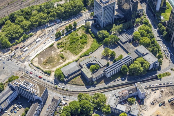 Aerial view, Frida-Levy comprehensive school and road construction site on Hollestraße, Ostviertel, Essen, Ruhr area, North Rhine-Westphalia, Germany