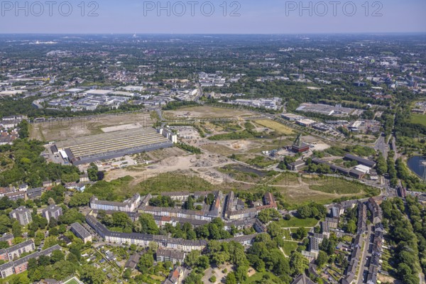 Aerial view, new construction area Stadtquartier Essen 51, Helenenstraße, Berthold-Beitz-Boulevard, former Amalie shaft with winding tower, Nordviertel, Essen, Ruhr area, North Rhine-Westphalia, Germany
